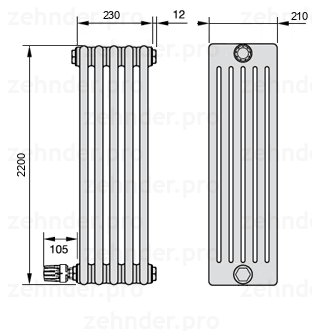 Схема (чертеж) Радиатор Zehnder Charleston 6220/5 №V003 Белый глянцевый RAL 9016